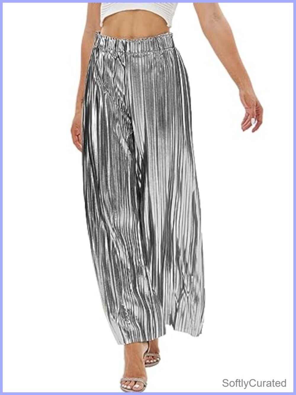Women's Metallic Wide Leg Palazzo Pants Pleated Dress Evening Party Trousers